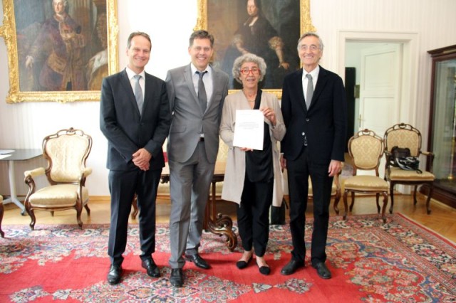 Rektorin und Rektoren der beteiligten Hochschulen: Thomas Schöpf (PH Tirol) Gernot Brauchle (PH Vorarlberg), Regina Brandl (KPH – Edith Stein), Tilman Märk (Universität Innsbruck). Nicht im  Bild: Brigitte Hütter (Mozarteum)