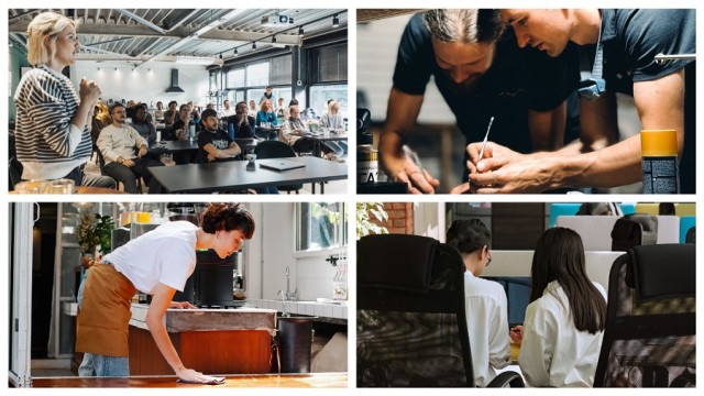 4 Bilder von Arbeitssituationen:eine Person spricht vor einer Klasse, 2 Personen schreiben etwas, eine Person wischt einen Tisch ab, Personen von hinten